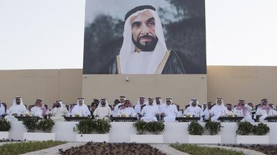 Sheikh Rashid bin Saud Al Mu’alla, Crown Prince of Umm Al Quwain, left, Sheikh Tahnoon bin Mohammed Al Nahyan, Ruler’s Representative of the Eastern Region of Abu Dhabi, third left, Sheikh Mohammed bin Rashid, fifth left, King Salman, sixth left, Sheikh Mohammed bin Zayed, seventh left, Prince Khaled bin Fahd bin Khaled Al Saud, eighth left, Sheikh Hamdan bin Mohammed, ninth left, and other dignitaries at the Sheikh Zayed Heritage Festival. Mohamed Al Hammadi / Crown Prince Court - Abu Dhabi