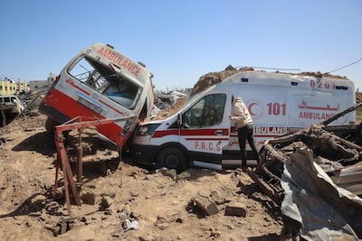 Wrecked emergency vehicles at an ambulance repair yard hit by Israeli strikes in Al Maghazi refugee camp, central Gaza. AFP