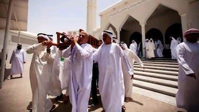 The funeral of the UAE's Ambassador to the Netherlands, Ali Thani Al Suwaidi, at Al Sahaba Mosque in Sharjah on Monday.