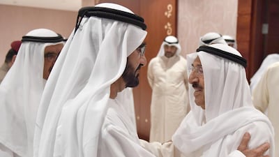 Sheikh Mohammed bin Rashid, Vice President and Ruler of Dubai, greets Sheikh Sabah Al Sabah, the Emir of Kuwait, on Wednesday. Wam