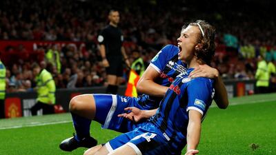 Rochdale's Luke Matheson celebrates scoring against Manchester United in the League Cup. Reuters