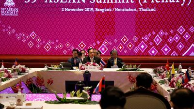 Thailand's Prime Minister Prayut Chan-o-cha delivers an opening speech at the 35th Association of Southeast Asian Nations (ASEAN) Summit. EPA
