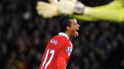 Nani expresses himself after the cheeky goal he slipped in past the Spurs keeper.