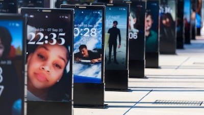 The Lost Screen Memorial, which focuses on digital risks to children, is shown at the European headquarters of the UN, in Geneva, Switzerland. EPA