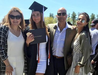Amer Fakhoury, second right, with family members at the University of New Hampshire in Durham in May 2019. AP