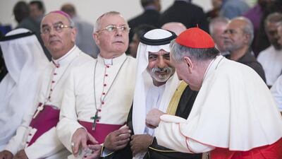 HH Sheikh Nahyan bin Mubarak Al Nahyan, UAE Minister for Youth, Culture and Community, with His Eminence Cardinal Pietro Parolin at the inauguration and blessing of St. Paul's Church in Abu Dhabi. Mona Al Marzooqi/ The National