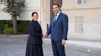 French Interior Minister Christophe Castaner with his UK counterpart Priti Patel for talks on migration in Paris, France. EPA