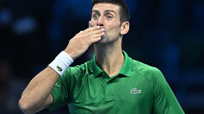 Novak Djokovic celebrates his win over Andrey Rublev which booked his place in the semi-finals of the ATP Finals in Turin, Italy. EPA