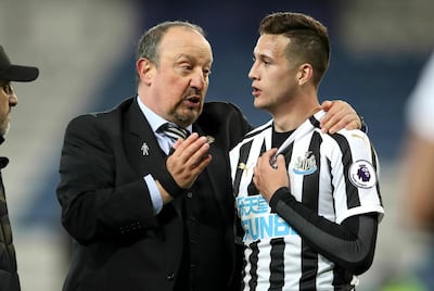 Newcastle United manager Rafa Benitez and defender Javier Manquillo AP Photo