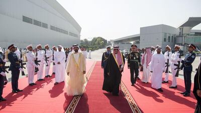 King Salman is welcomed by Sheikh Mohammed bin Rashid on his arrival for a visit in Dubai. AFP Photo / Saudi Royal Palace / Bandar Al-Jaloud