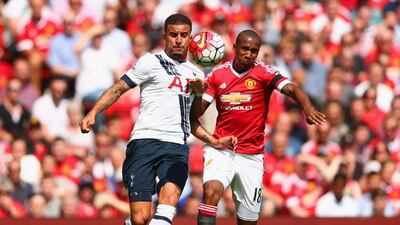 Ashley Young of Manchester United and Kyle Walker of Tottenham Hotspur compete for the ball during the Barclays Premier League match between Manchester United and Tottenham Hotspur at Old Trafford on August 8, 2015 in Manchester, England. Clive Brunskill/Getty Images