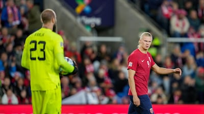 Erling Haaland reacts after missing a goalscoring chance for Norway. EPA