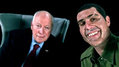 Vice President Dick Cheney, left, and actor Sacha Baron Cohen, portraying retired Israeli Colonel Erran Morad in a still from Who Is 'America?' Showtime via AP