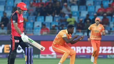 Carlos Brathwaite celebrates the wicket of Vipers' Alex Hales for 3.