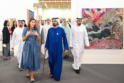Sheikh Mohammed bin Rashid, Vice President and Ruler of Dubai, tours Art Dubai 2024 with Benedetta Ghione. Wam