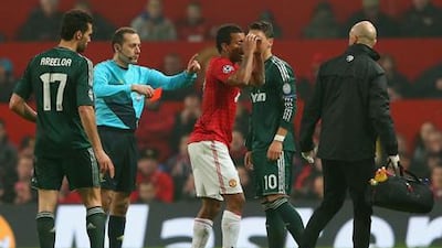 Nani is shown a red card during Manchester United's Champions League clash with Real Madrid.