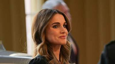 Queen Rania of Jordan arrives at Buckingham Palace with King Abdullah II (not shown). AP