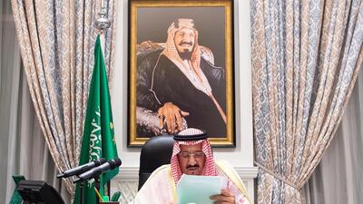 A handout photo made available by the Saudi press Agency (SPA) on September 23, 2020, shows King Salman bin Abdulaziz delivering a speech from his residence in Neom during the virtual 75th session of the United Nations General Assembly. AFP via SPA