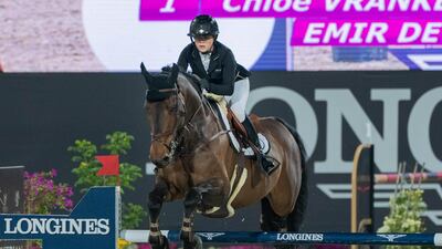 Chloe Vranken on Emir De Vy on her way to victory in the Longines Grand Prix at Al Forsan International Sports Resort. Photo: FBMA