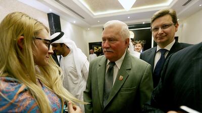 Former Poland president Lech Walesa arrives at the Emirates Centre for Strategic Studies and Research in Abu Dhabi. Satish Kumar / The National