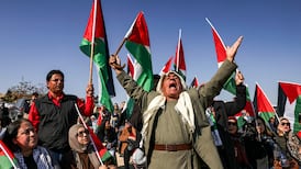 Palestinians and supporters demonstrate against the displacement of Khan Al Ahmar, the Bedouin village in the occupied West Bank, in 2023. AFP