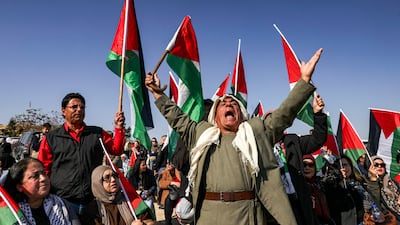 Palestinians and supporters demonstrate against the displacement of Khan Al Ahmar, the Bedouin village in the occupied West Bank, in 2023. AFP