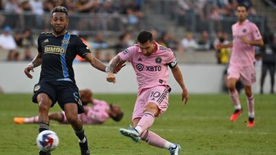 Lionel Messi scores for Inter Miami in their Leagues Cup semi-final win over Philadelphia Union at Subaru Park Stadium on August 15, 2023. AFP