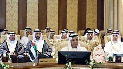 Obaid Humaid Al Tayer, the UAE Minister of State for Financial Affairs, second from right, and other delegates at the meeting of the GCC Financial and Economic Co-operation Committee in Abu Dhabi in May. Andrew Henderson / The National