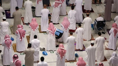 Worshippers perform taraweeh prayers at the Kaaba in the Grand Mosque complex in Makkah. AFP