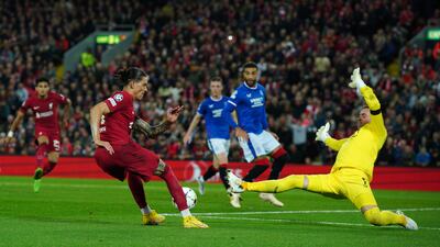 Liverpool's Darwin Nunez and Rangers goalkeeper Allan McGregor. PA