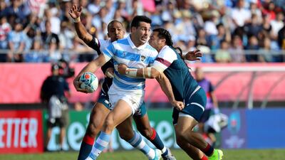 Argentina's Jeronimo de La Fuente looks to pass the ball during the Rugby World Cup Pool C game at Kumagaya Rugby Stadium between Argentina and the United States in Kumagaya City, Japan. AP Photo