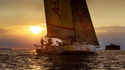 In this handout image provided by the Volvo Ocean Race, Abu Dhabi Ocean Racing's new Volvo Ocean 65 skippered by Ian Walker approaches the entrance to the Solent at the end of the Round Britain and Ireland Race on August 15, 2014, off Cowes, Isle of Wight, England. Ian Roman / Abu Dhabi Ocean Racing