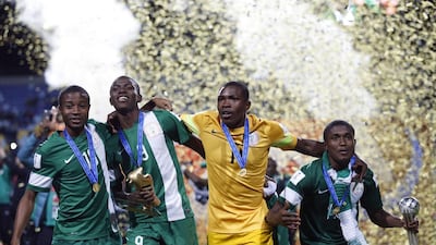 Nigeria’s players celebrate after winning the 2015 U17 World Cup on Sunday in Chile. Andres Pina / AFP