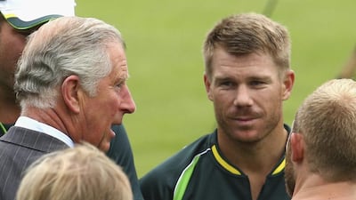 Prince Charles talks to David Warner of Australia on Monday ahead of the first Ashes Test on Wednesday in Cardiff. Ryan Pierse / Getty Images