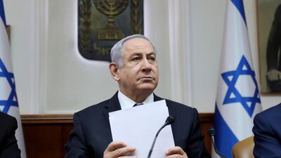 Israeli Prime Minister Benjamin Netanyahu chairs the weekly cabinet meeting, in Jerusalem. AP