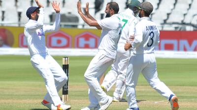 India bowler Mohammed Shami celebrates taking the wicket of South Africa's Kyle Verreynne for a duck. Getty