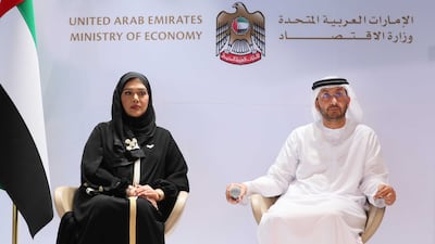 Maryam Al Suwaidi, chief executive of the Securities and Commodities Authority, and Abdullah Al Saleh, undersecretary of the Ministry of Economy. Photo: Ministry of Economy