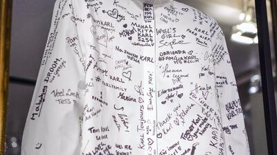 A white shirt signed by all 50 of those invited to be part of the “Tribute to the Karl Lagerfeld: The White Shirt Project”. Getty