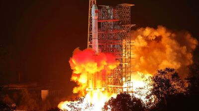 A 2018 image of the Chang'e 4 lunar probe launching from the Xichang Satellite Launch Center in southwest China's Sichuan Province. Xinhua / AP Photo