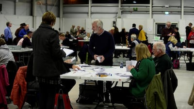 Ballots are tallied at a counting centre for Britain's general election at Royal Welsh Showground, Builth Wells, Britain. Reuters