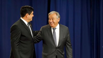 Costa Rica's President Carlos Alvarado Quesada, left, meets with United Nations Secretary-General Antonio Guterres during the 74th session of the U.N. General Assembly, at U.N. headquarters. AP Photo