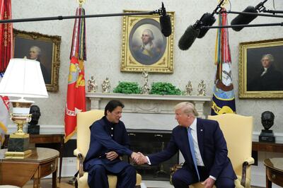 Then US president Donald Trump greets Pakistan’s Prime Minister Imran Khan at the White House in 2019. The Pakistani establishment’s minimum goals in the Trump years was effectively to stop making headlines for the wrong reasons. Reuters