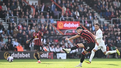 Dominic Solanke of Bournemouth scores his team's first goal in the 2-2 Premier League draw with Manchester United at the Vitality Stadium on April 13, 2024. Getty Images