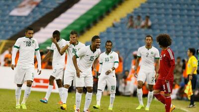 Nasser Al Shamrani, centre, during Saudi Arabia's Gulf Cup of Nations semi-final against the UAE in November.