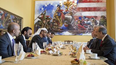 Sheikh Mohamed meets with Kevin McCarthy Majority Leader of the United States House of Representatives and Representative for California’s 23rd congressional district (2nd R), and other United States House of Representatives Leadership, at Capitol Hill. Seen with Yousef Al Otaiba the Ambassador of the UAE to the USA and Mexico (L), Sheikh Tahnoon bin Zayed, Deputy National Security Advisor and Chairman of the Presidential Aviation Authority (2nd L), Khaldoon Khalifa Al Mubarak CEO and Managing Director Mubadala and Chairman of the Executive Affairs Authority (3rd L), and Eliot Engel Member of the United States House Foreign Affairs Committee and Representative for New York’s 16th congressional district (R). Ryan Carter / Crown Prince Court