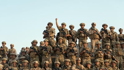 Members of the UAE Armed Forces and the Jordanian Armed Forces stand for a photograph after the joint military drill, Titled ‘Bonds of Strength’, at Al Hamra Camp.