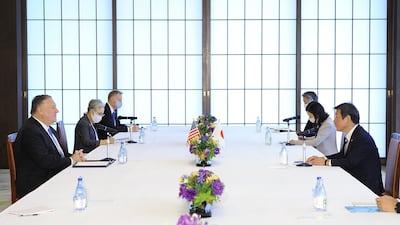 Michael Pompeo, US Secretary of State, left, speaks to Toshimitsu Motegi, Japan's Foreign Minister, right, during a meeting of the 'Quad' in Tokyo in October. Bloomberg