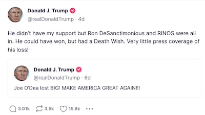 Mr Trump attacks Florida Governor Ron DeSantis, who may be well positioned to duel the former president in the 2024 White House race. Photo: Screengrab from Truth Social