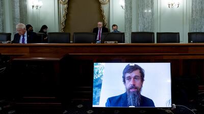 Chairman of the Senate Commerce, Science, and Transportation Committee Roger Wicker listens as CEO of Twitter Jack Dorsey appears on a monitor as he testifies remotely during the hearing on Section 230. EPA