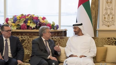 Sheikh Mohammed bin Zayed, Crown Prince of Abu Dhabi and Deputy Supreme Commander of the Armed Forces, meets Antonio Guterres, secretary general of the United Nations, at the Sea Palace on Monday. Mohamed Al Hammadi / Crown Prince Court – Abu Dhabi